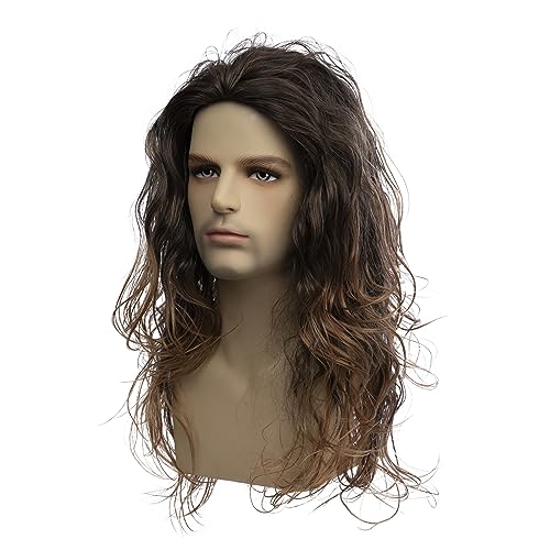Baruisi Long Curly Wavy Brown Wigs for Men Synthetic Natural Party Halloween Cosplay Hair Wig