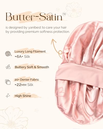 YANIBEST Adjustable Satin Bonnet for Sleeping, Double Layer Silk Bonnet with Tie Band for Women, Sleep Cap Curly Natural Hair, Pink