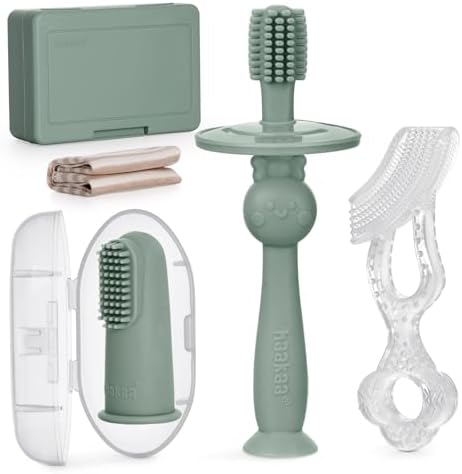 haakaa Training Toothbrush Set Oral Care Kit, Soft Silicone Toothbrush for Baby, Infants, Toddlers & Kids, Pea Green