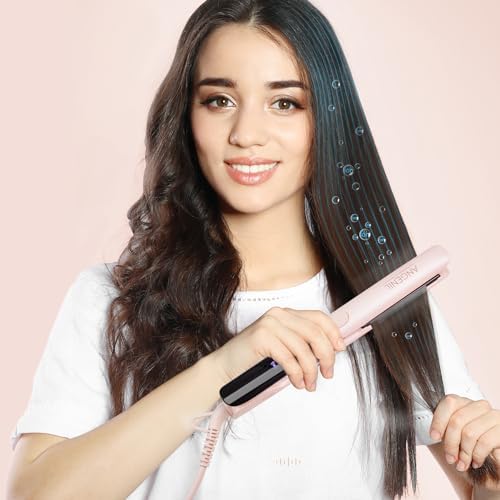 ANGENIL Flat Iron Hair Straightener and Curler 2 in 1, Titanium Dual Voltage Pink Hair Straightener, Anti-Scald Silicone Ionic Flat Iron with Heat Resistant Silicone Mat and Facial Cleansing Brushes