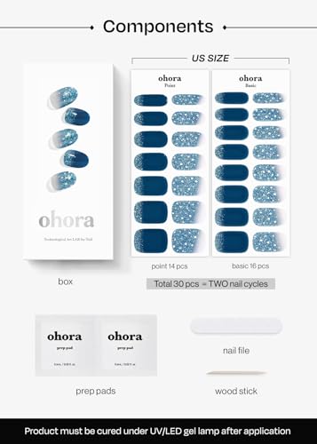 ohora Semi Cured Gel Nail Strips (N Waterbomb) - Blue, Glitter, Works with Any UV/LED Lamps, Salon-Quality, Long Lasting, Easy to Apply & Remove - Includes 2 Prep Pads, Nail File & Wooden Stick