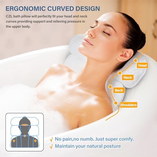 Bath Pillow Bathtub Pillow for Tub Luxury Bath Tub Pillows for Tub Neck and Back Support with 4D Air Mesh Fabric and 8 Strong Powerfull Non-Slip Suction Cups Relaxing Bath Accessories Spa Gifts, White
