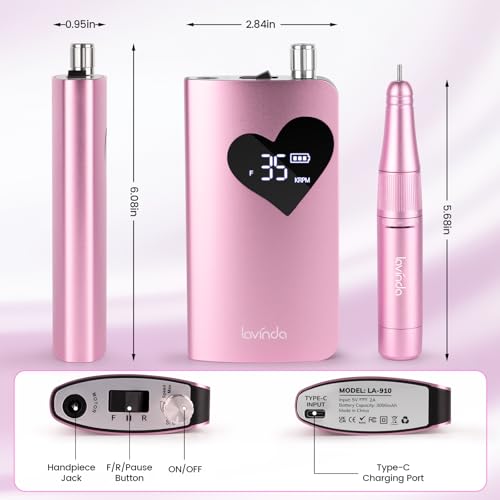 Lavinda Professional Nail Drill 35000 RPM – Cordless Electric Nail File Kit with Heart Display, Rechargeable E File Machine with 6 Bits, Quiet Nail Drill for Acrylic Gel Nails, Home & Salon-Pink