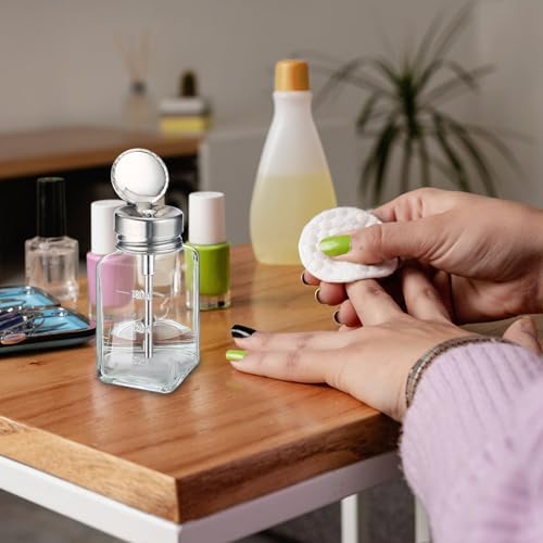 Noverlife 2PCS 6Oz / 180ml Clear Pump Dispenser Bottle, Square Glass Push Down Liquid Dispensers, Nail Polish Remover Hand Pumping Press Container with Flip Top Cap Refillable Push Down Pump Dispenser