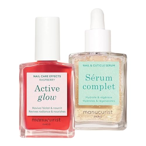 Manucurist Healthy Glow Duo - Active Glow Raspberry (Pink) Repairing Nail Polish Care & Complete Nail & Cuticle Serum - 2 in 1 Nail Strengthener Polish - Plant-Based Formula - Beauty Gift for Women