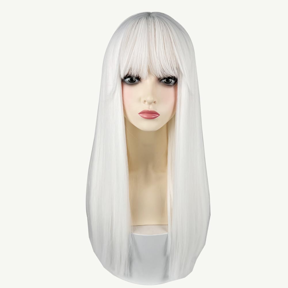 URCGTSA 22 Inches long Hair Wig for Women Black Synthetic Hair Natural Long Straight Wig With Bangs Party Cosplay Wig for Girl (White)