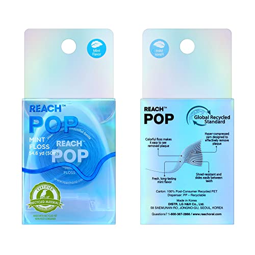 REACH POP Dental Floss, Mint, Plaque Remover for Teeth, Shred Resistant, Vegan Wax, Cruelty Free, Eco Friendly Packaging, Oral Care, PFAS Free, for Adults & Kids, 3 Pack, 54.6 yd