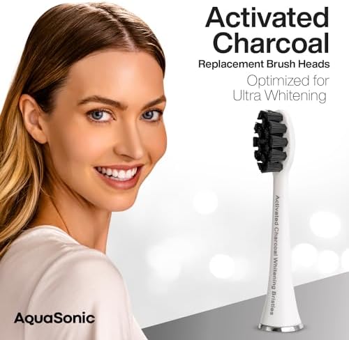 AquaSonic 2-Pack Activated Charcoal Brush Heads - Ultra Whitening Brush Heads - 2X Whitening & Stain Remover - for Black Series, Black Series Pro, Vibe Series, Duo Pro Series (White)