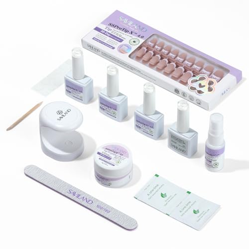 SAVILAND French Gel Nail Kit: Long-lasting Extra Short Square Press On Nails for Women Thick & Perfect Nude French Gels Tips Chip-Free Sturdy-Fit Solid Nail Glue Gel U V/LED Lamp Nail Supplies