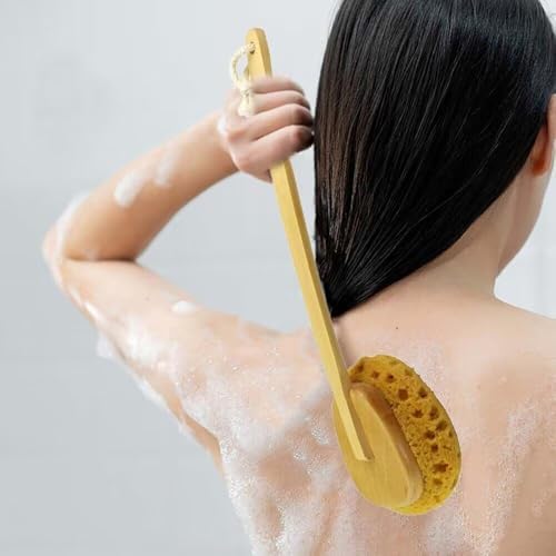 18'' Shower Body Brush Sea Sponge Long Wooden Handle Back Scrubber Bath Brush Gentle Exfoliating Lotion Applicator