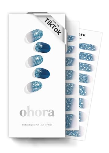 ohora Semi Cured Gel Nail Strips (N Waterbomb) - Blue, Glitter, Works with Any UV/LED Lamps, Salon-Quality, Long Lasting, Easy to Apply & Remove - Includes 2 Prep Pads, Nail File & Wooden Stick
