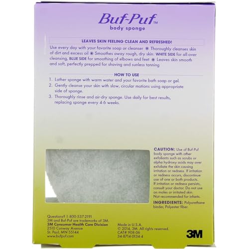 Buf-Puf Body Sponge, Bath Sponge, Dermatologist Developed, Cleanses Skin of Dirt, and Excess Oil, Reusable, Exfoliating, 5 Count