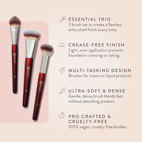 BK Beauty Core Complexion Trio Makeup Brushes Set (3PC) – Foundation, Concealer, and Blending Brushes for Liquid, Cream & Powder – Vegan, Cruelty-Free, Ultra-Soft Face Makeup Brushes