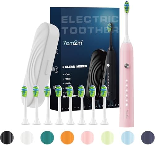 7AM2M Sonic Electric Toothbrush for Adults and Kids, with 8 Brush Heads and Travel Case,5 Modes with 2 Minutes Build in Smart Timer, One Charge Use for 90 Days, Rechargeable Toothbrushes(Pink)