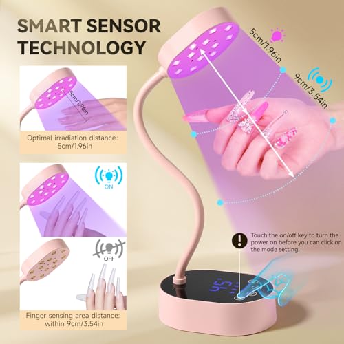 AORAEM UV Nail Lamp, Gooseneck Mini U V Light for Gel Nails, 36W Rechargeable LED Flash Cure Lamps with 4 Timers & Auto Sensor, Quick Dry Professional Nail Dryer for Salon Home DIY Use, Pink