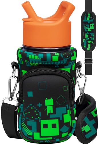 Miss Adola Water Bottle Carrier with Strap Cartoon Water Bottle Bags Holder for Kids Boys Girls Cute Neoprene Insulated Bottle Bag for 10/12/14/16/18Oz Stainless Steel Glass Bottles Sleeve, Castle