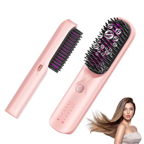 Cordless Hair Straightener Brush - Portable Hair Brush for Travel - 30s Fast Heating - 300 Million Negative Ions for Frizz-Free Shine, Touch Up On-The-Go, Gift for Women,10,000mAh