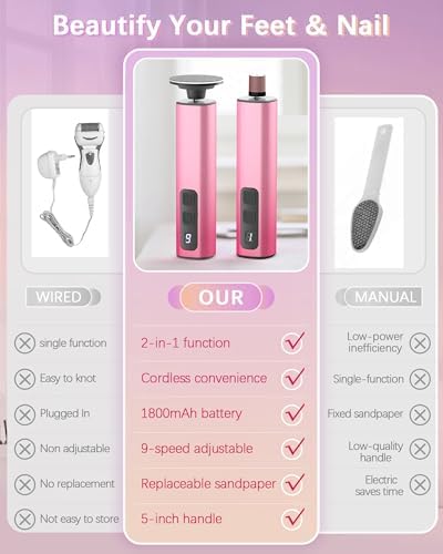 2 in 1 Electric Foot Callus Remover, 9 Adjustable Speeds Foot Scrubber USB Rechargeable Pedicure Tools for Feet, Dry Dead Skin Scraper Foot Grinder with 80/120 Grit Sandpaper Discs Rollers for Women