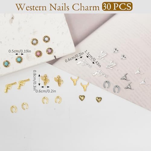 30 PCS Western Nail Charms - 3D Vintage Cowboy Cowgirl Nail Charms, Turquoise, Gold, Silver, Pink, Blue Retro Metal Gem Western Art Stickers Accessories for DIY