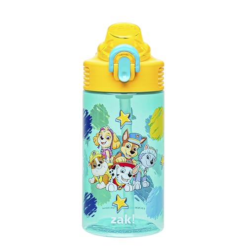 Zak Designs Sage PAW Patrol Water Bottle For School or Travel, 16oz Durable Plastic Water Bottle With Straw, Handle, and Leak-Proof, Pop-Up Spout Cover (Chase, Marshall, Skye, Rubble, Everest)