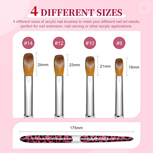 SAVILAND 4PCS Kolinsky Acrylic Nail Brush Set - Professional Nails Brushes for Acrylics Powder Application & 3D Nail Art, Sizes 8/10/12/14 Acrylic Brushes - Essential Nail Extension Kit Salon Home