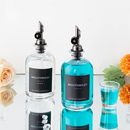 Black Glass Mouthwash Dispenser with Cups, 12.7 oz, 2 Pack - Clear Mouthwash Bottle with 304 Stainless Steel Spout & Minimalist Labels, Style Mouthwash Container for Bathroom