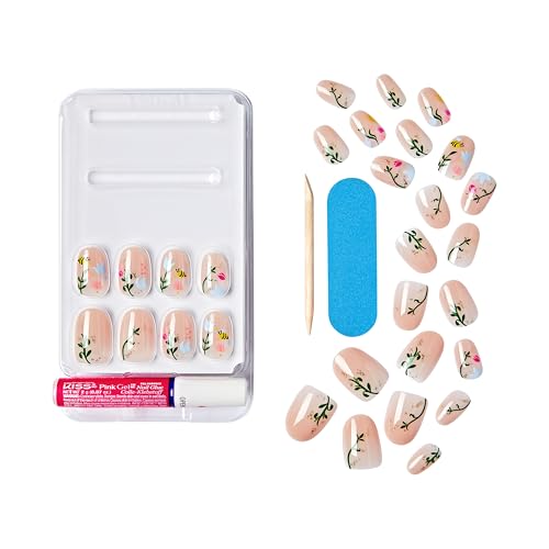 WICKED X KISS Press On Nails, ‘There's Joy’, Neutral, Short Oval, Waterproof, Chip Proof, Smudge Proof, 28 Fake Nails, Pink Gel Nail Glue (2g), Mini Nail File, & Manicure Stick