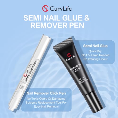 Curvlife 15g Semi Solid Nail Glue Gel with 5ml 3 in 1Nail Glue Remover, No Need for Uv Light, Gel for Press On Nails, Click&Remove Pen Design