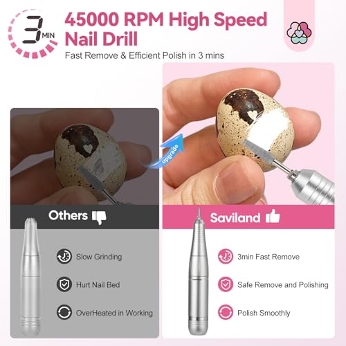 SAVILAND Electric Nail Drill Professional : 45000 RPM Pro Electric Nail File for Acrylic Nails Gel Polishing Removing, Portable Nail Drill for Manicure Pedicure, Nail Kit for Salon Nail Tech Must Have