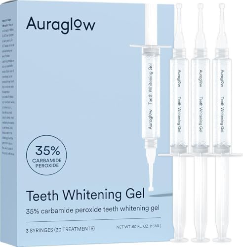 Auraglow 35% Teeth Whitening Gel Syringe Refill Pack, 35% Carbamide Peroxide, 30 Whitening Treatments, (3) 5mL Whitening Gel Syringes, Sensitive Teeth Whitening