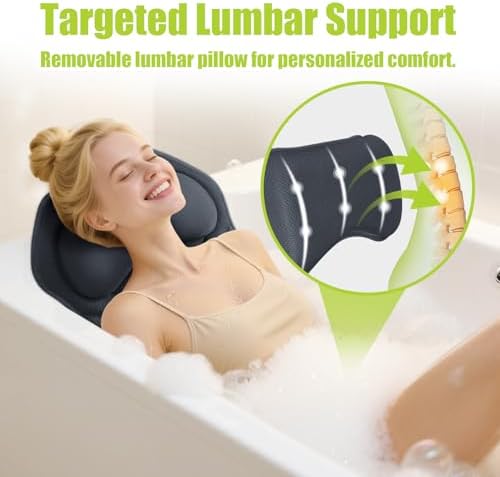 Full Body Bath Pillow for Tub - Extra Long & Thick Tub Pillow with Head, Back & Lumbar Support, 168 Non-Slip Suction Cups, Soft 5D Mesh Spa Cushion, Fits All Tubs-Gift for Soaking(Gray)