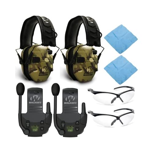 Walker's Razor Slim Electronic Shooting Muffs (MultiCam Camo Tan, 2-Pack) Bundle with Walkie Talkies (2-Pack), and Shooting Glasses (2-Pack), and Cleaning Cloth (2-Pack) (8 Items)