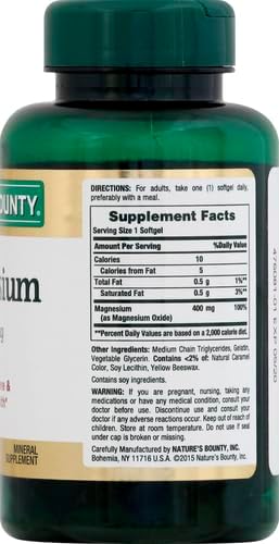 Nature's Bounty Magnesium, Whole Body Support, Supports Heart, Nerve and Bone Health. 400 mg, 75 Softgels (Pack of 2)