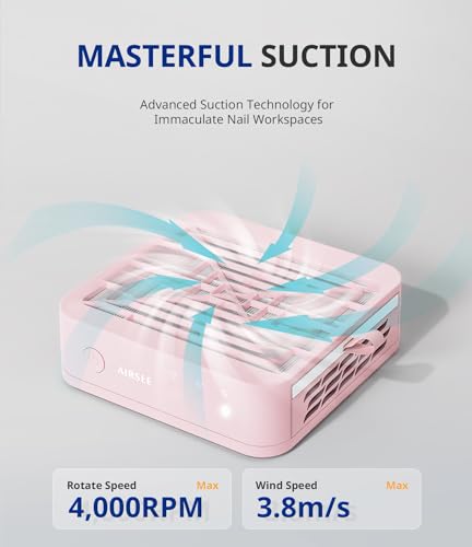 AIRSEE Nail Dust Collector,Compact Vacuum Fan Dust Collector for Salon & Home with Reusable Filter, Powerful Dust Suction Machine Manicure Pedicure Tool for Acrylic Nail Polishing, Pink