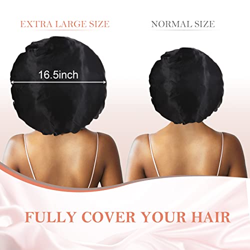 3Pcs Silk Bonnet for Sleeping, Satin Hair Bonnets for Black Curly Hair Women Jumbo Bonnet with Tie Band Braids (Black Leopard Rose-pink)