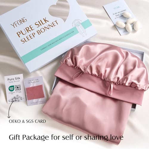YFONG 22 Momme 100% Mulberry Silk Bonnet for Sleeping Women Long Hair, Double-Layered Silk Hair Bonnet with Elastic Tie Band, Extra Long Sleep Cap for Braids Curly Hair Care, 1Pc, Pink