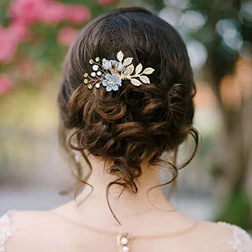 inSowni 20 Pack Classy Dusty Blue Flower Bridal Wedding Hair Side Combs+Floral Hair Pins+Twist Spiral Pearl Hair Pins Clips Pieces Formal Prom Headpieces Accessories for Brides Bridesmaids Women Girls
