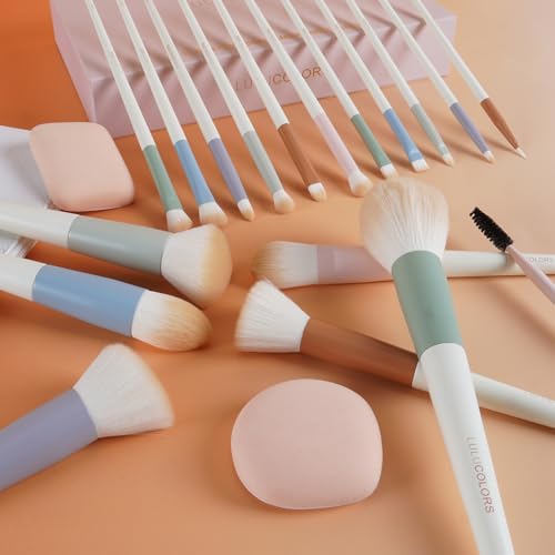 Colorful Series 18-Pcs Makeup Brush Set with Soft, Cruelty-Free Synthetic Bristles, Wooden Matte Handles, 2 Latex-Free Makeup Sponges & Travel Storage Bag – Face & Eye Brushes for Makeup