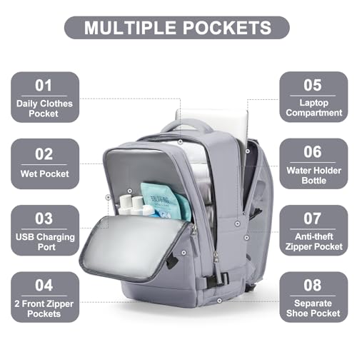 coofay Travel Backpack Carry On Flight Approved For Women Men Personal Item Backpack Carry On Bags For Airplanes Backpack For Travel With Shoe Compartment Grey