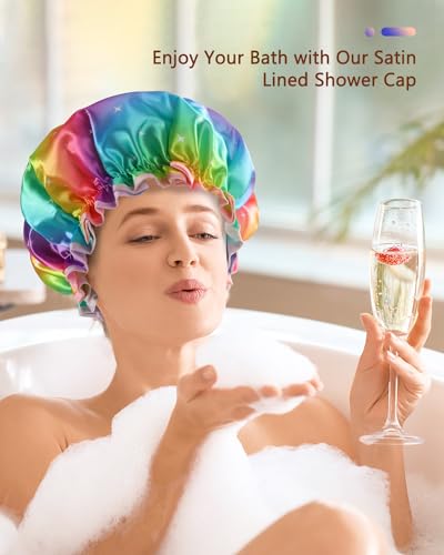 mikimini Sparkle Rainbow Shower Cap for Women Long Hair, Pack of 2,Double Layer Waterproof, X-Large, Reusable, Washable, No Smell, Fashion Bath Cap