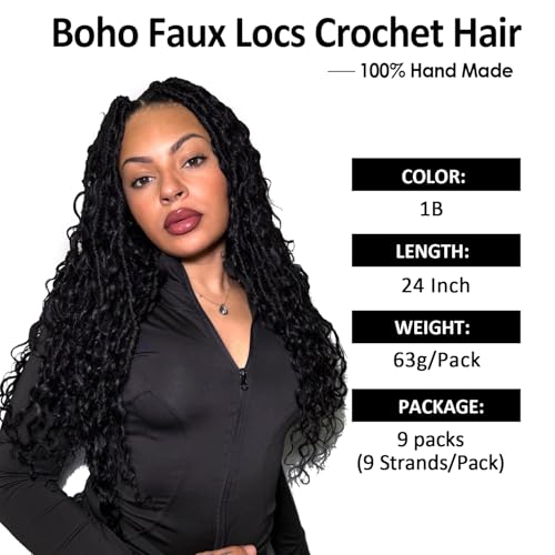 9 packs Boho Faux Locs Crochet Hair, 24 Inch, Natural Black Pre Looped Goddess Soft Locs Crochet Hair with Curly Ends, Bohemian River Locs for Black Women(1B#, 24 Inch)