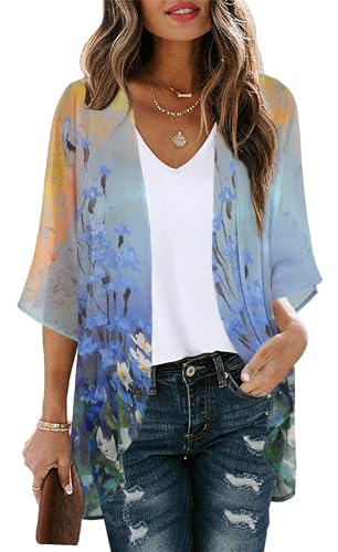 Womens Casual Tops Bathing Suit Cover Up Summer Kimono Cardigan Hawaiian Shirts (Sunset and Flowers, S)