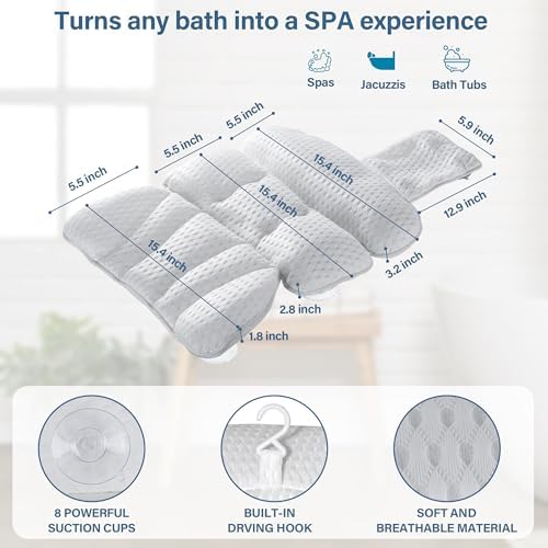 Bath Pillow Bathtub Pillow for Tub Luxury Bath Tub Pillows for Tub Neck and Back Support with 4D Air Mesh Fabric and 8 Strong Powerfull Non-Slip Suction Cups Relaxing Bath Accessories Spa Gifts, White