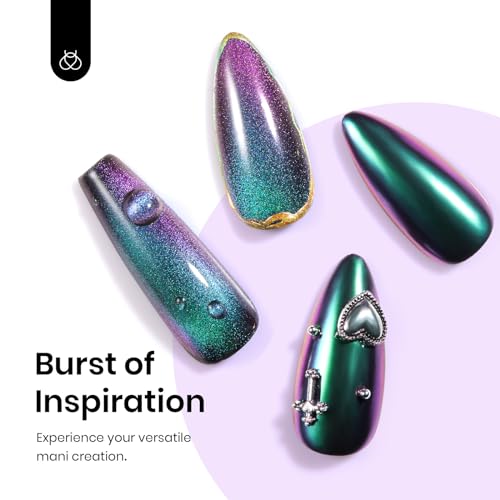 Beetles Cat Eye Chrome Nail Powder Set, 2 in 1 Holographic Metallic Mirror Effect Chameleon Galaxy Powder with No Wipe UV Gel Top Coat Magnet for Velvet Metallic Nail Art