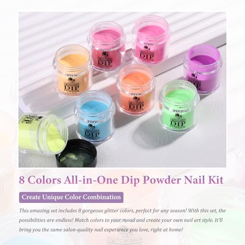 Dip Nail Powder Starter Kit with Recycling Tray System, 8 Colors Bright Neon Pastel Summer Colors Acrylic Powder Nail Design Set Home DIY Accessories 21Pcs