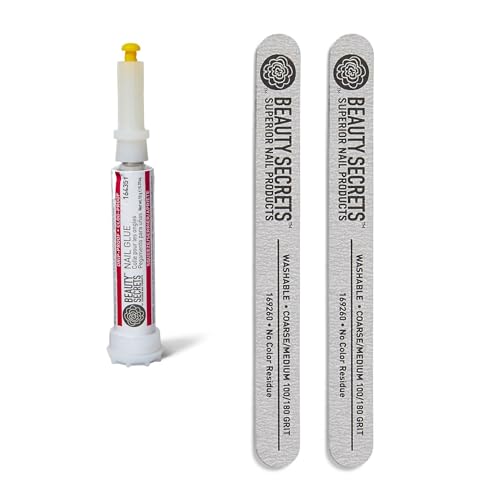 Beauty Secrets Drip & Clog Proof Nail Glue Bundled with Zebra Cushion Nail File Medium Coarse 180/100 Grit (2 Pack) by Beauty Secrets