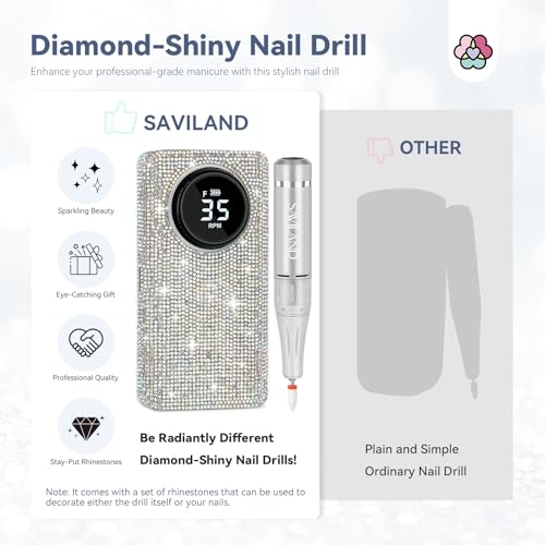 SAVILAND Professionl Nail Drill Kit: Diamond Shiny | 35000RPM Electric Nail Drill Machine | Professional Drill Bits Drill Nail File Buffer Dust Brush Expert Salon Use Manicure Pedicure