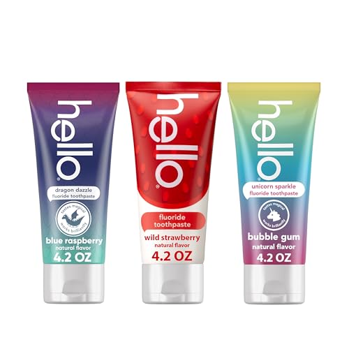 hello Kids Fluoride Toothpaste Variety Pack, Includes a Strawberry, Unicorn Bubble Gum, and Blue Raspberry Toothpaste, Safe for Ages 2 and Up, 3 Pack, 4.2 Oz Each