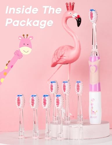 SEAGO Kids Electric Toothbrush with 2 Mins Brushing Timer and 8 Replacement Bursh Heads,Rainbow LED Light Make Brushing Fun, Pink Color Girls Battery Powerd Toothbrush for 4-12 Years Old