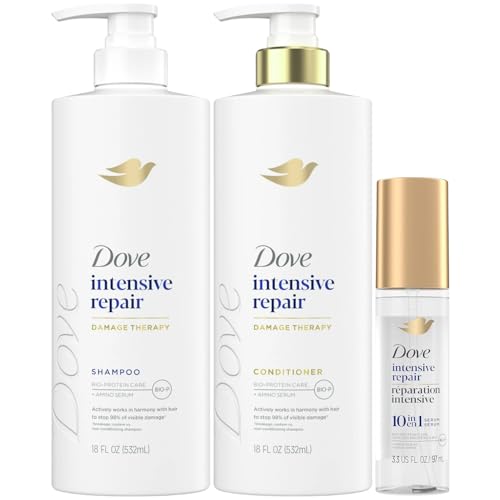 Dove Shampoo, Conditioner & Serum Set, Intensive Repair – Damage Therapy Bio-Protein Care Formulas for Restoring Dry, Damaged Hair (3 Piece Set)